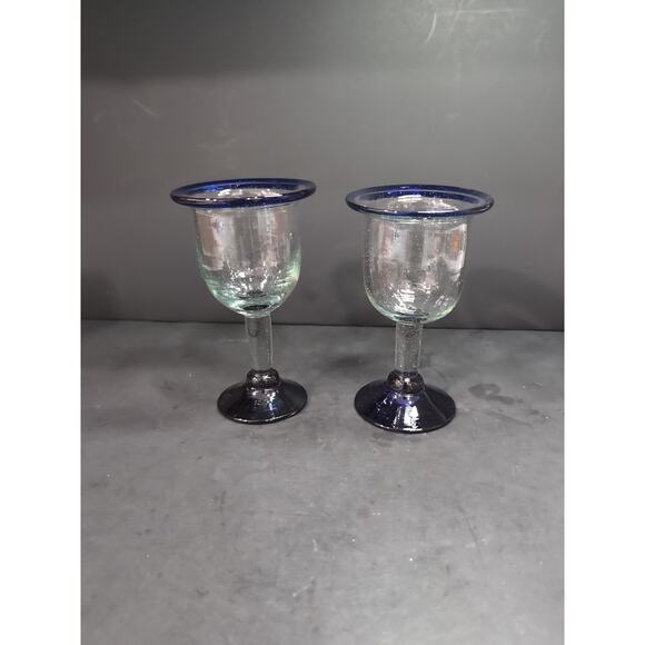 Hand Blown Glass Wine Goblets, Cobalt Blue Rim & Base, Bubbles Design, Drinkware - Picture 2 of 9